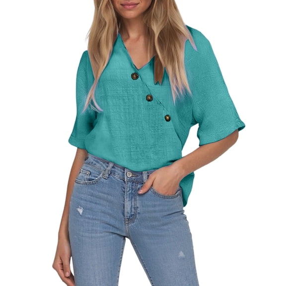 LIUJUNSHOP Cotton Linen Shirts for Women Loose Fit V Neck Button Comfortable Tops Trendy Blouses Casual