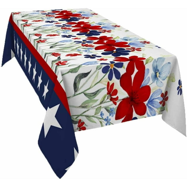 Patriotic 4th of July Tablecloth Rectangle Round Table Cloth 60x120 Inch, Poppy Floral Indoor or Outdoor Tablecloth, Waterproof Polyester Washable Table Cover for Party Holiday Picnic Decoration