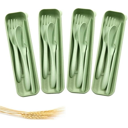 

4 Pack Portable Wheat Straw Cutlery Set Spoon Knife Fork Tableware For Kids And Adults Travel Picnic Camping (Green)