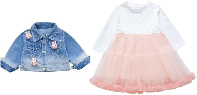 Peacolate 2-7Years Spring Autumn Little Big Girl 2pcs Dresses Clothing Sets Long Sleeve Dress and Strawberry Denim Jacket,Pink,2years