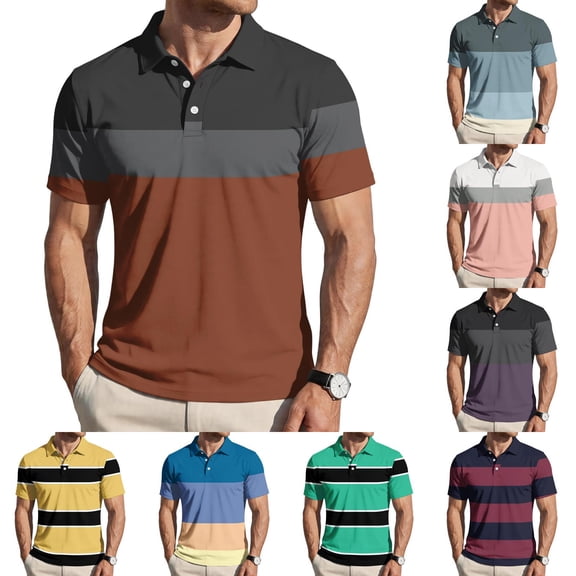 Garbnen Men’s Polo Shirts Short Sleeve Striped Color Block Collared Men's Henley Shirts Lightweight Breathable Casual Summer Beach Vacation Funny Golf Shirts for Men Gray XL
