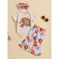 thumbnail image 2 of Bagilaanoe 3pcs Toddler Baby Girl Long Pants Set Letter Print Short Sleeve Romper / T-Shirts Tops + Floral Flare Trousers + Headband 18M 24M 3T 4T 5T Kids Casual Outfits, 2 of 9