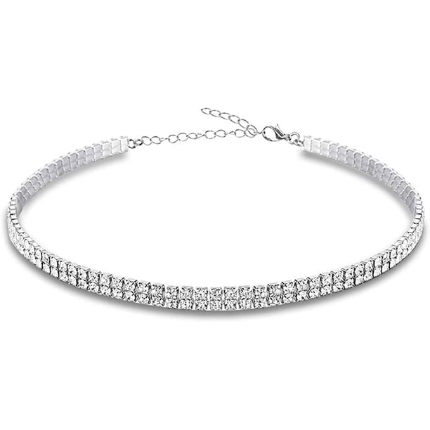 Nvzi Gargantilla de diamantes de imitación, collar de plata brillante con diamantes, pulsera de cristal, collar de diamantes de imitación