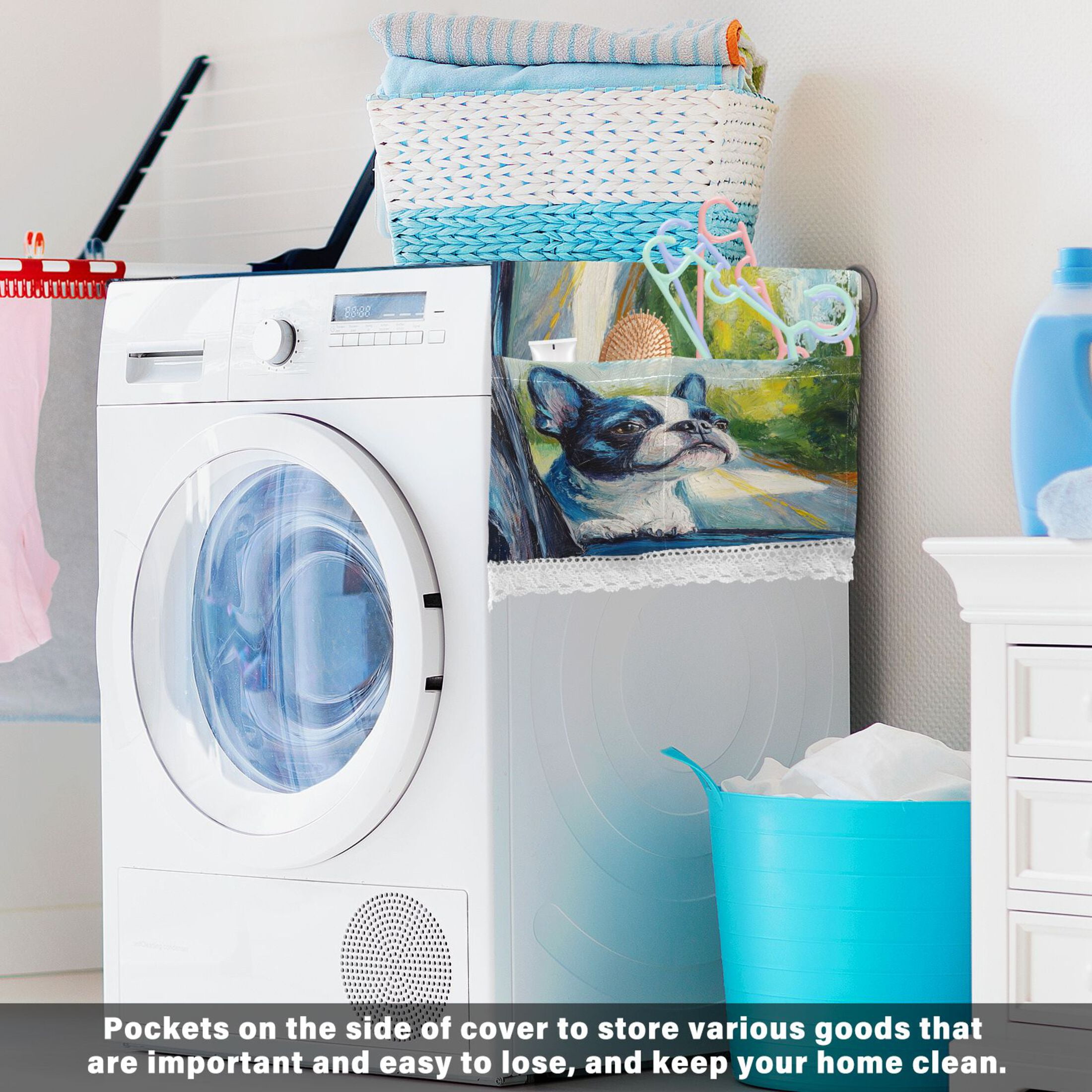 Lovely Boston TerrierWasher and Dryer Covers Dust-Proof and Oil Resistant Fridge Cover with 4 Storage Pockets Washing Machine Top Cover for Laundry Kitchen Home 51.2 x 22 In