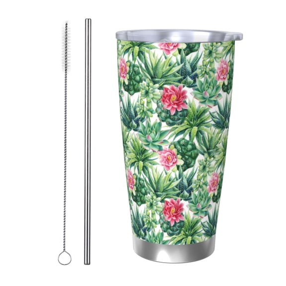 Logiee Succulents 1 Print 20OZ Car Cup with Lid, Stainless Steel Vacuum Insulated Double Wall Travel Tumbler, Durable Insulated Coffee Mug,Thermal Cup with Straw-Straw Two-piece Set