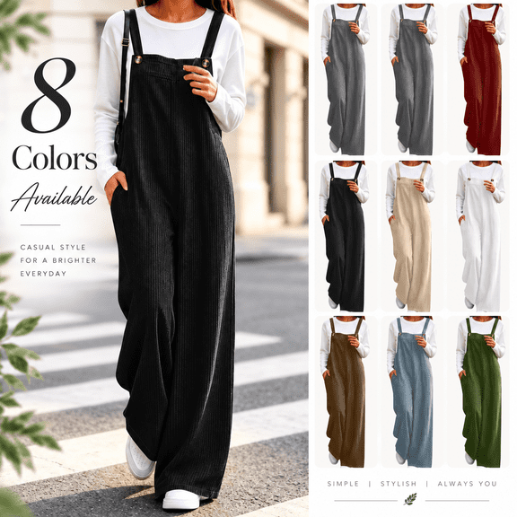 HappyYEE Women’s Corduroy Jumpsuit Trousers, Wide Leg Overalls with Adjustable Straps, Fashion Loose Fall Romper Pants with Pockets