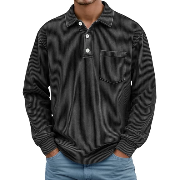 BUWTTER Men Shirts Button Down Corduroy Casual Long Sleeve Collar Solid Color Top Business Outfits Comfortable Versatile Black Shirt L