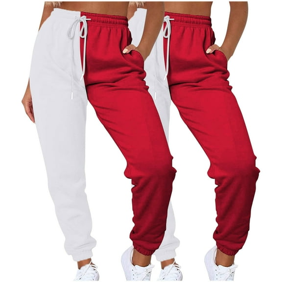 Kvture 2PC Women's Sweatpants Color Block Patchwork Trouser Elastic High Waist Joggers Baggy Pants with Multi-Pockets Red XXL