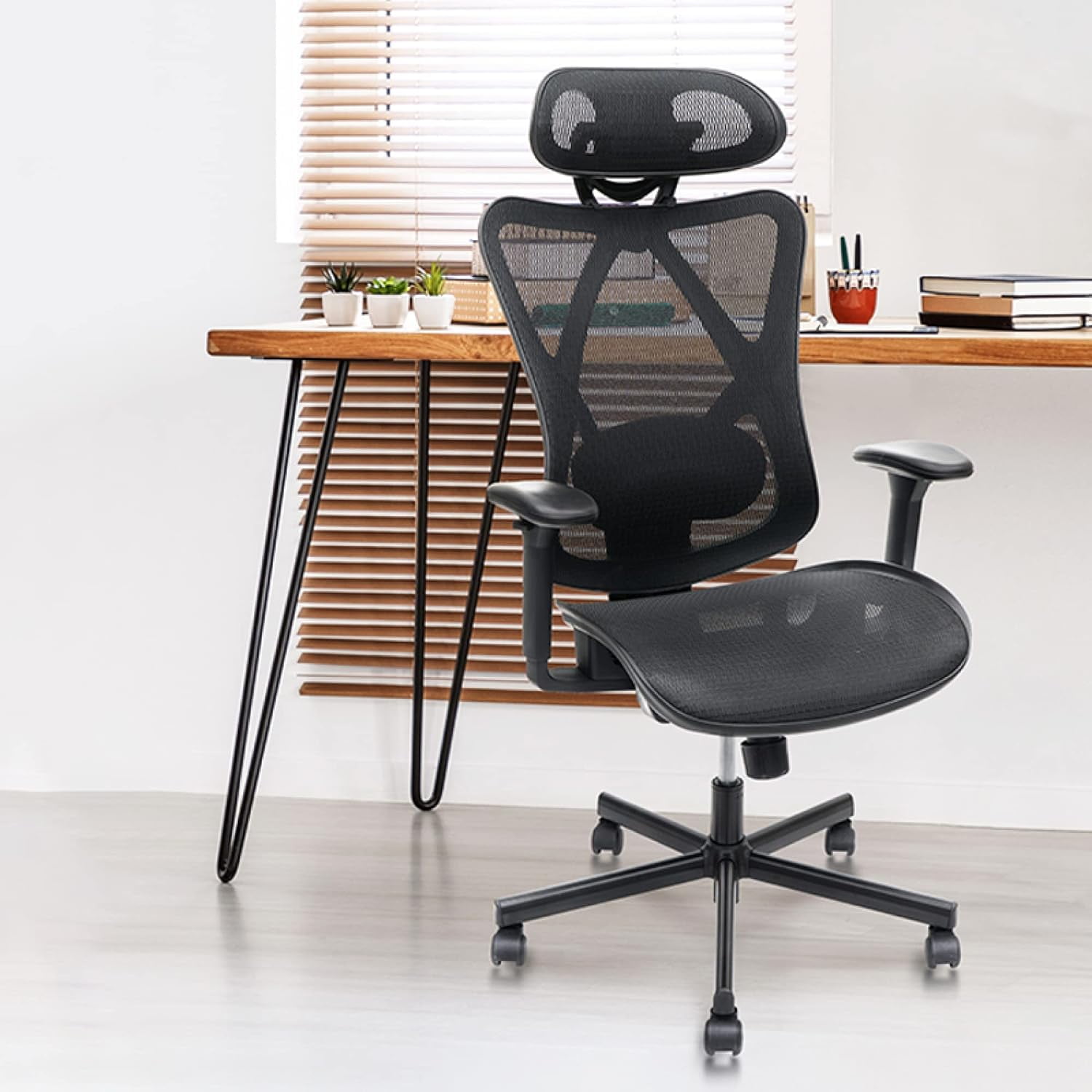 Mesh Office Chair, Ergonomic Office Chairs with Wheels, Adjustable Lumbar Support, Armrest, Headrest-Tilt High Back Desk Chair with Mute Wheel for Office, Home, Gaming