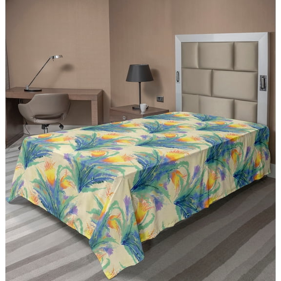Ambesonne Flowers Boho Flat Bedding Sheet Soft Top Sheet, Aquarelle Floral Print, Twin XL, Sea Green Mustard Violet