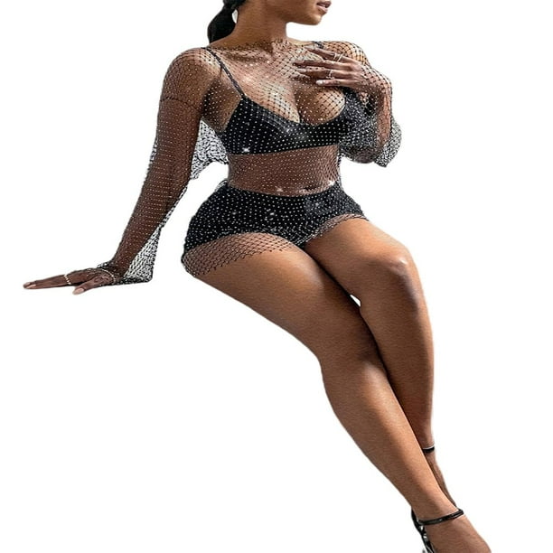 PENGXIANG Women's See Through Glitter Dress Sheer Rhinestone Fishnet Bikini Swim  Beach Cover Up