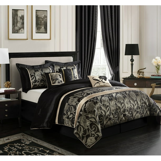 Lanco Golden Victoria 7 Piece Comforter, King Bed Set Black