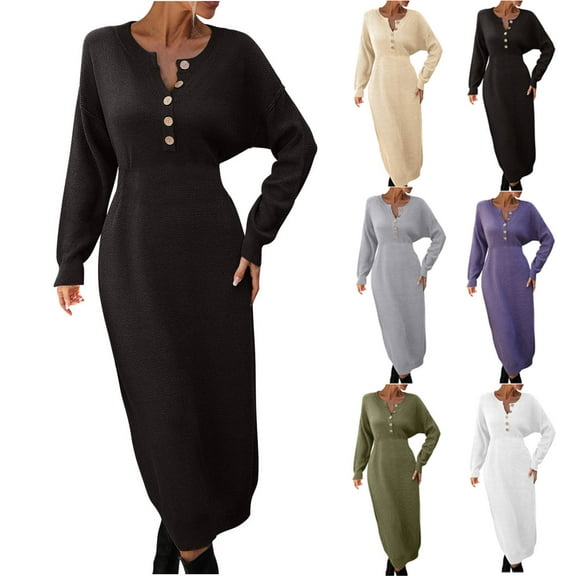 qolati Women's Fall Long Maxi Dresses 2023 High Waist Bodycon Knit Button Up Work Dress Trendy V Neck Puffy Sleeve Solid Party Club Dress
