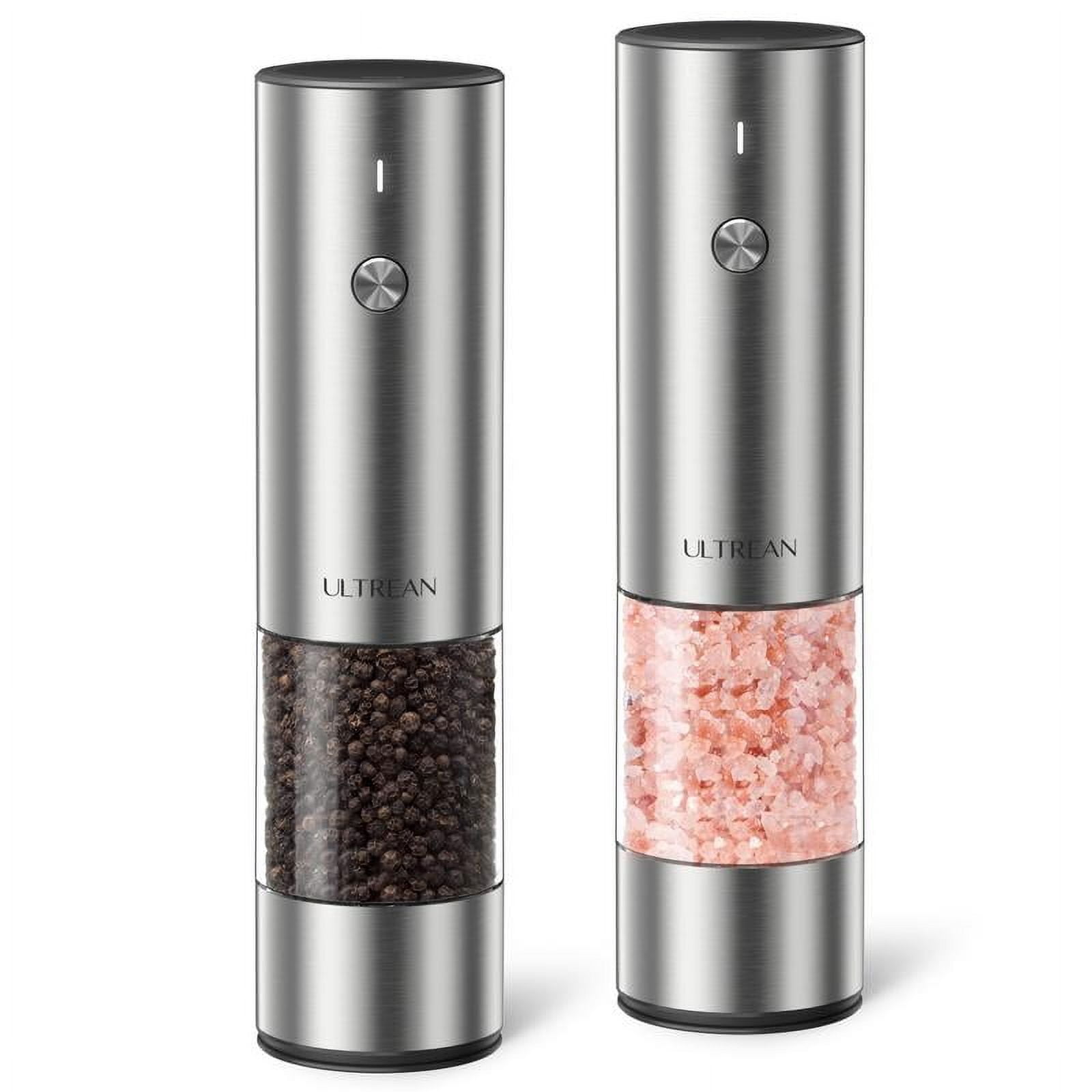 Ultrean Electric Salt & Pepper Grinder Sets, 2pcs Rechargeable, Adjustable, Stainless Steel Construction, Auto Dust Lids, LED one-hand operation