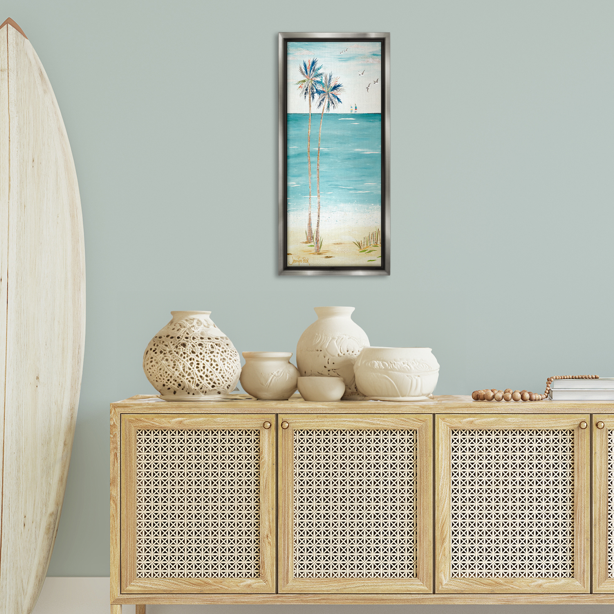 Stupell Industries Palms & Distant Boats Landscape Painting Gray Floater Framed Canvas Art Print Wall Art, 15 x 31