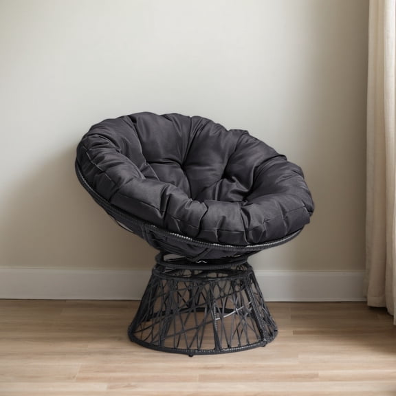 38" Swivel Wicker Papasan Chair with Thick Tufted Cushion, 360° Rotatable, Gray Cushion