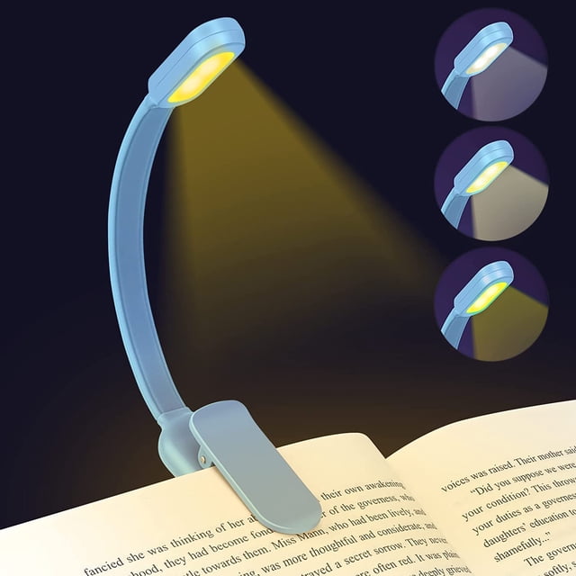 Lámpara de lectura recargable por USB con clip, 3 modos de protección ocular (blanco/cálido/blanco cálido), cuello flexible de 360°, lámpara de lectura con clip para cama, niños y Kindle, color azul.