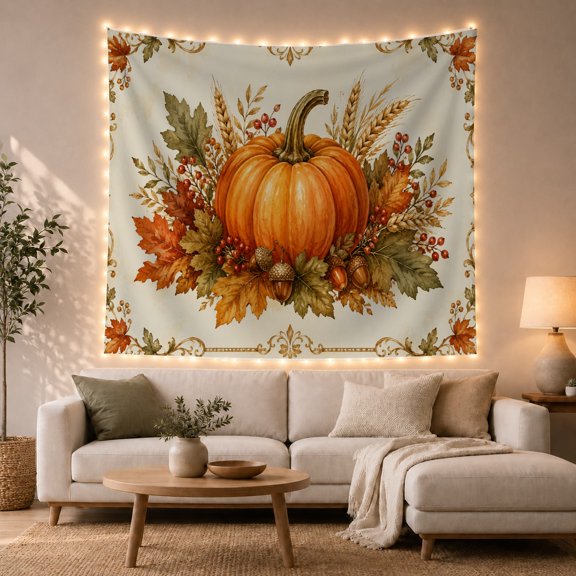 Ripe Pumpkin with Wheat and Leaves on a Cream Background, Cozy Vintage for Autumn Lovers, Botanical Harvest Decor, Thanksgiving Gift Tapestry Wall Hanging for Living Room and Bedroom