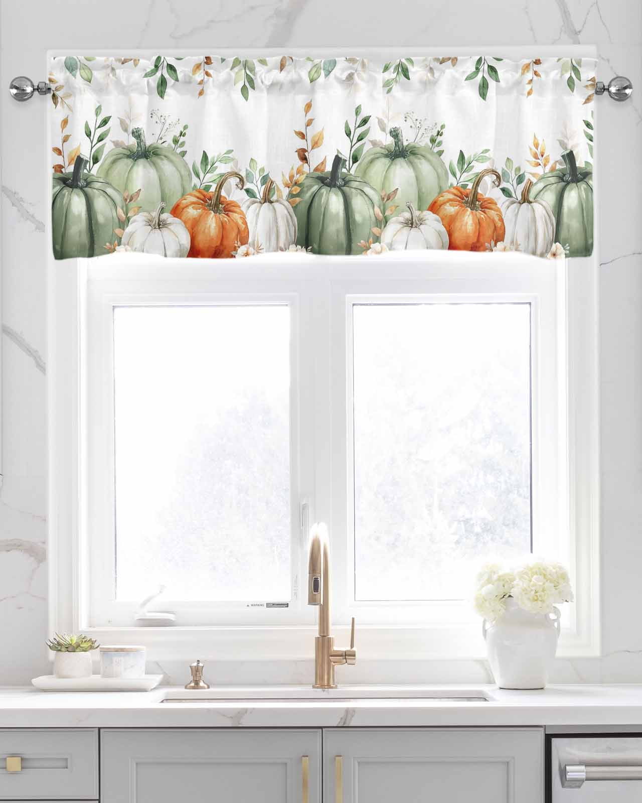 Thanksgiving Pumpkin Kitchen Valances for Windows Farmhouse Linen Window Valance Curtain for Living Room Window Treatment Fall Sage Green Eucalyptus Flower Valance Rod Pocket Topper, 54 x 18 Inch