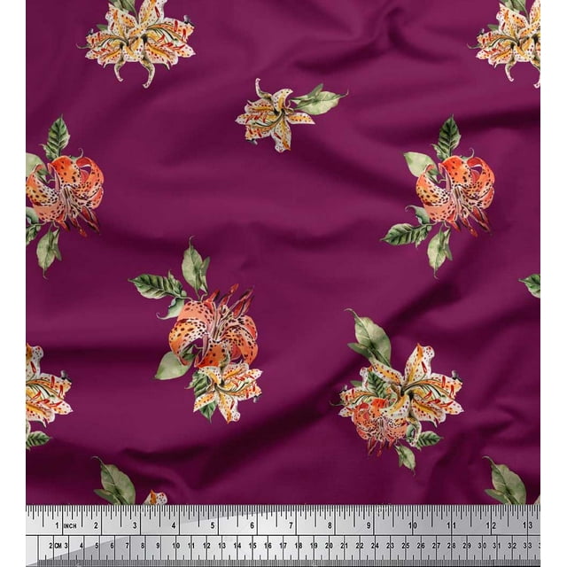 Soimoi Rayon Fabric Leaves & Lily Floral Print Fabric by The Yard 42 Inch Wide