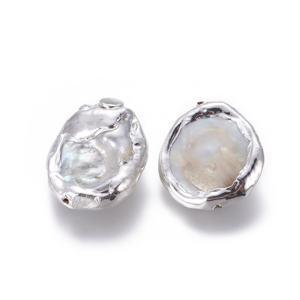 Natural Baroque Pearl Cultured Freshwater Pearl Beads with Brass Findings White Silver Color Plated 23.5~29x21~22.5x8~13mm Hole: 0.8mm