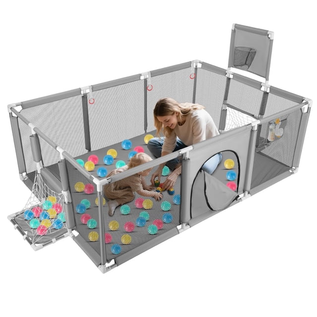 Corral de Juegos para Bebe, 182x122x64cm, Corralito para Bebe con 10 Pelotas Oceánicas, Aro de Baloncesto, 3 Anillos de Tracción, Corralito Bebe para Juegos y Actividades, F&