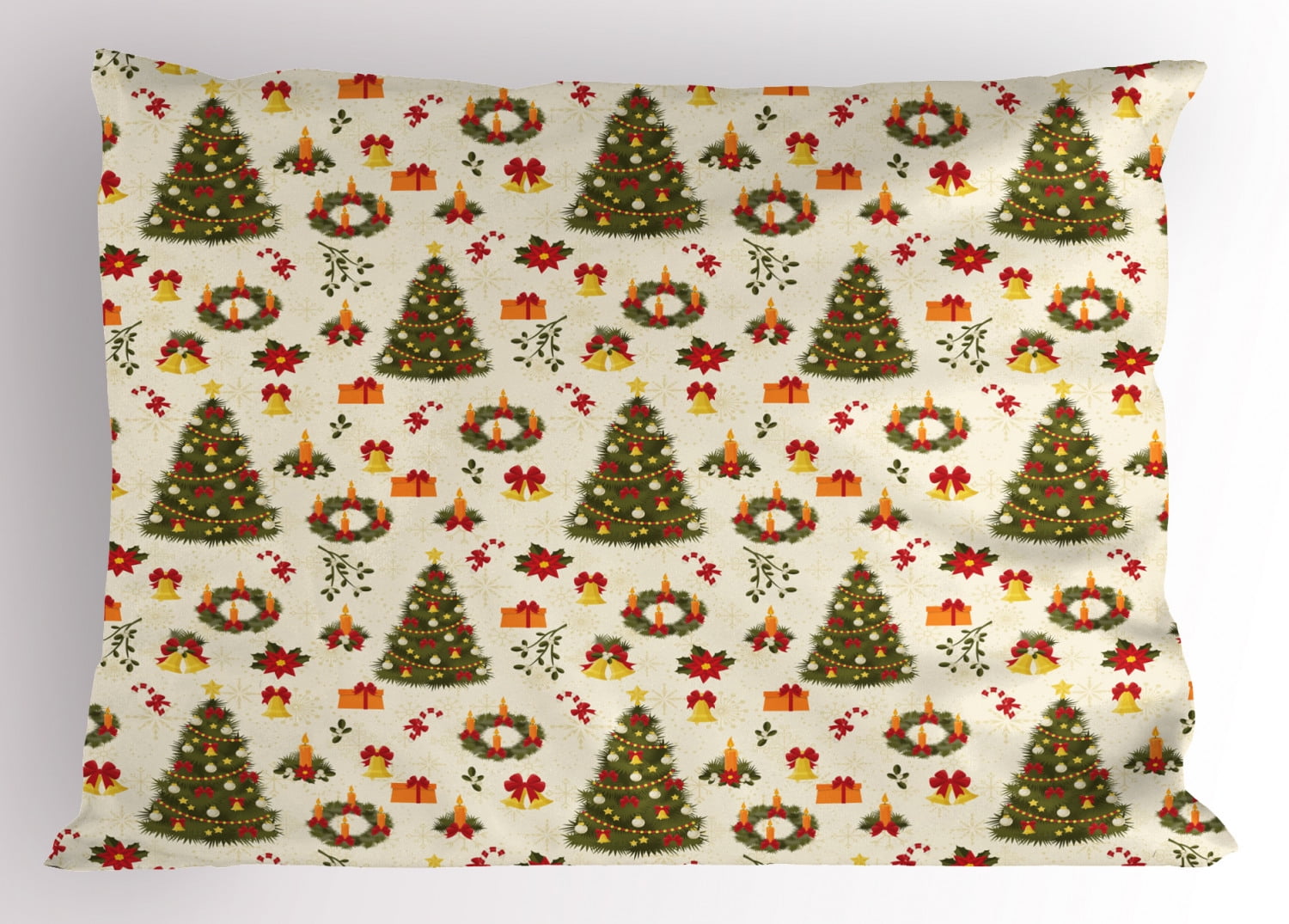 Christmas Pillow Sham Fir Tree Garland and Bells Festive Ornaments Xmas