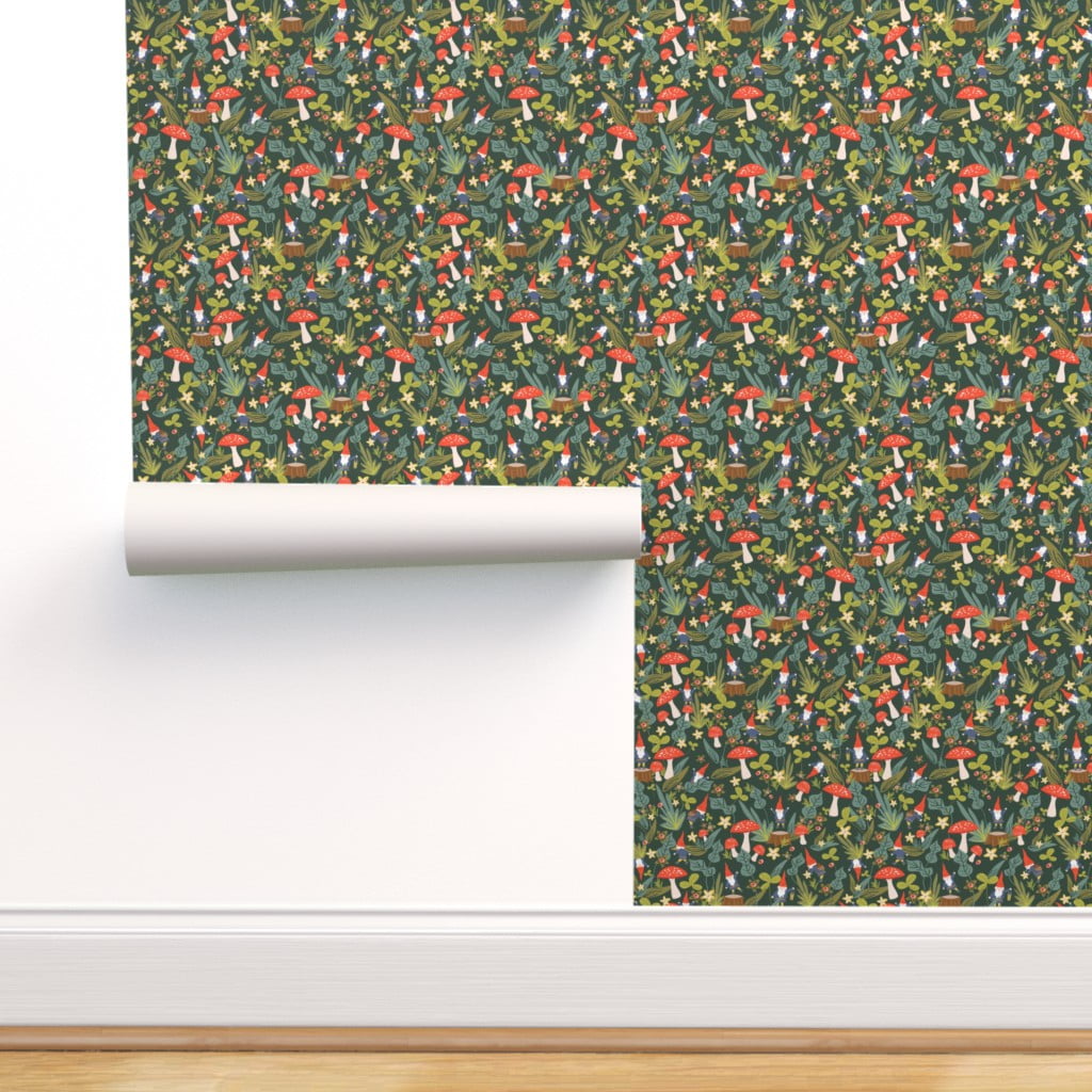 Removable Wallpaper 12ft x 2ft - Woodland Gnomes Gnome Garden Mushroom  Mushrooms Custom Pre-pasted Wallpaper by Spoonflower 