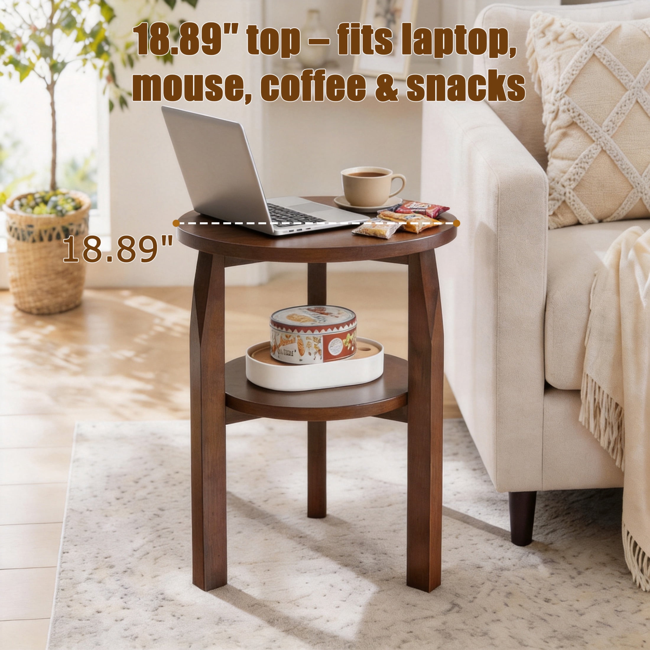 Noble House Round End Table with 2-Tier Storage Shelf, Side Table for Living Room or Bedroom, Walnut