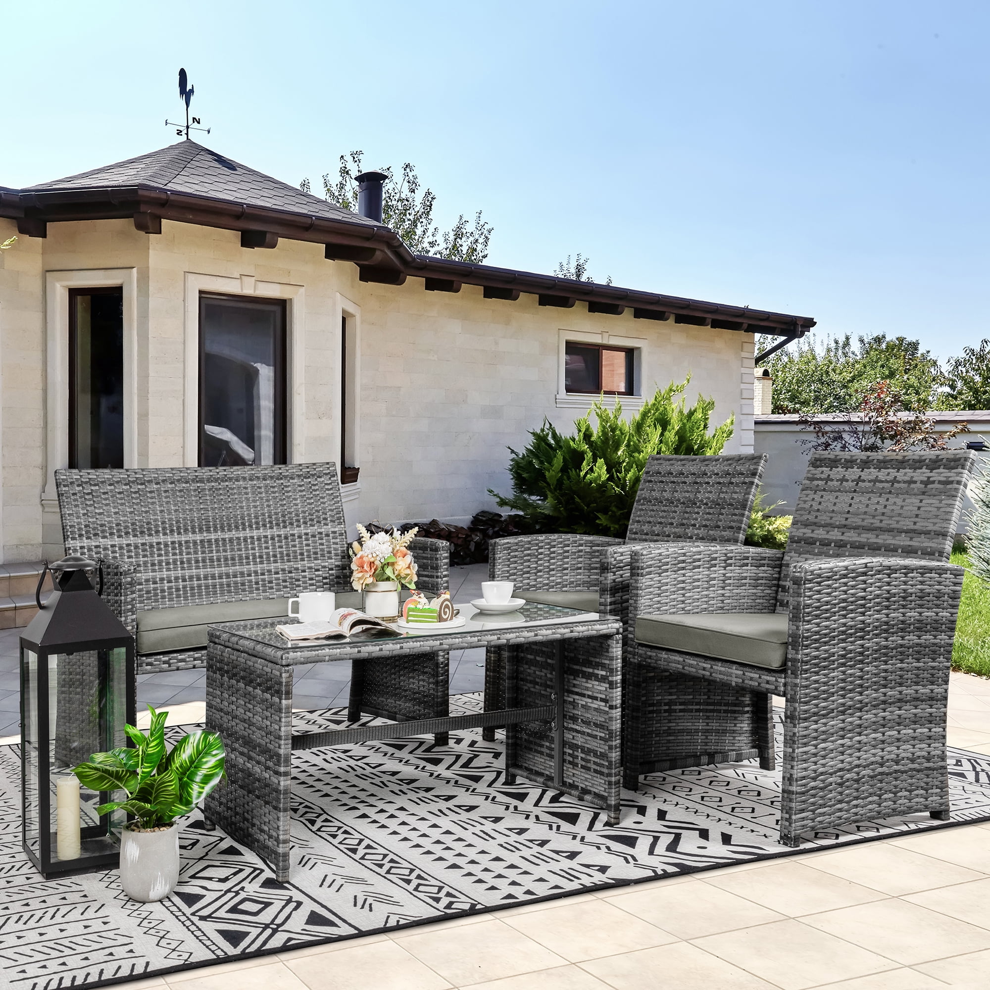 Walsunny 4-Piece Patio Rattan Furniture Set with Cushions & Tempered Glass Tabletop, Gray