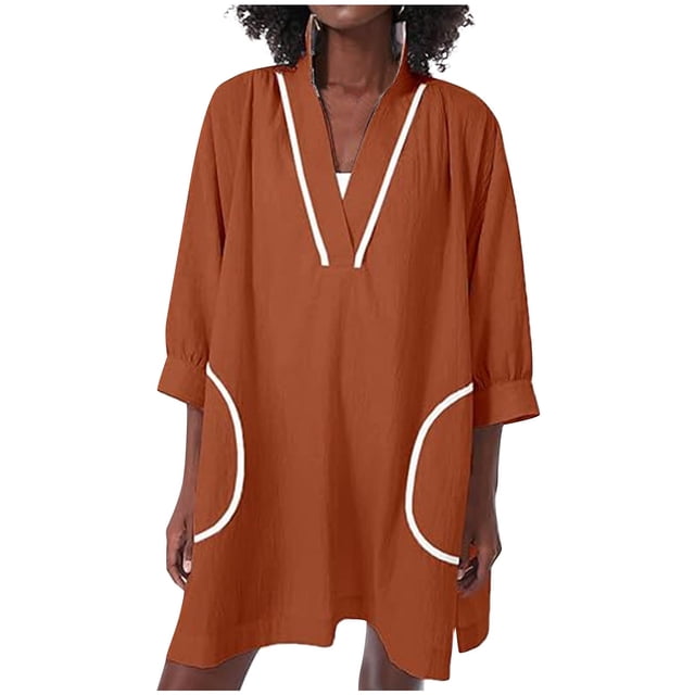 Économies à Durée Limitée, Robe Courte d'Été pour Femme en Imitation Lin Décontractée Unie avec Poches à Manches 3/4 et Col en V pour la Plage, Robe Imitation Lin, Robe de Plage, Robe Courte à Col en V Style Tendance/100 % Polyester, Brun