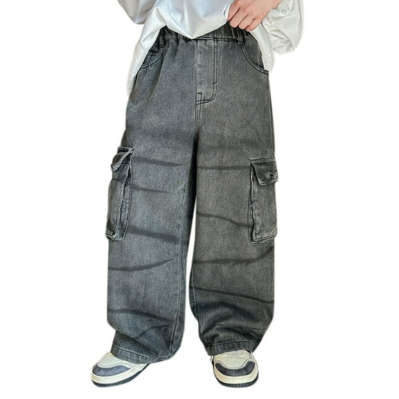 EnJoCho Boys Loose Jeans Boys Baggy Jeans Kids Y2K Casual Straight Wide Leg Cargo Jeans Loose Denim Pants Trousers Boys And Girls Cool Loose Long Casual Jeans (9-10 Years,Grey)
