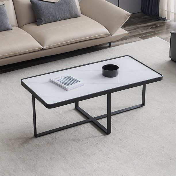 Minimalism Rectangle Coffee Table, Black Metal Frame with Sintered