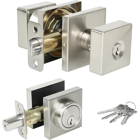 Cielsa Dawn Square Door Knobs Exterior Door Lock Set with Deadbolt, Single Cylinder Deadbolt Door Locks with Keys, Keyed Alike (Satin Nickel,1PACK)