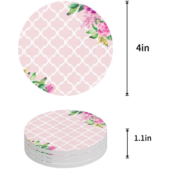 FMSHPON Moroccan Style Pink Spring Flowers Set of 8 Round Coaster for Drinks, Absorbent Ceramic Stone Coasters Cup Mat with Cork Base for Home Kitchen Room Coffee Table Bar Decor