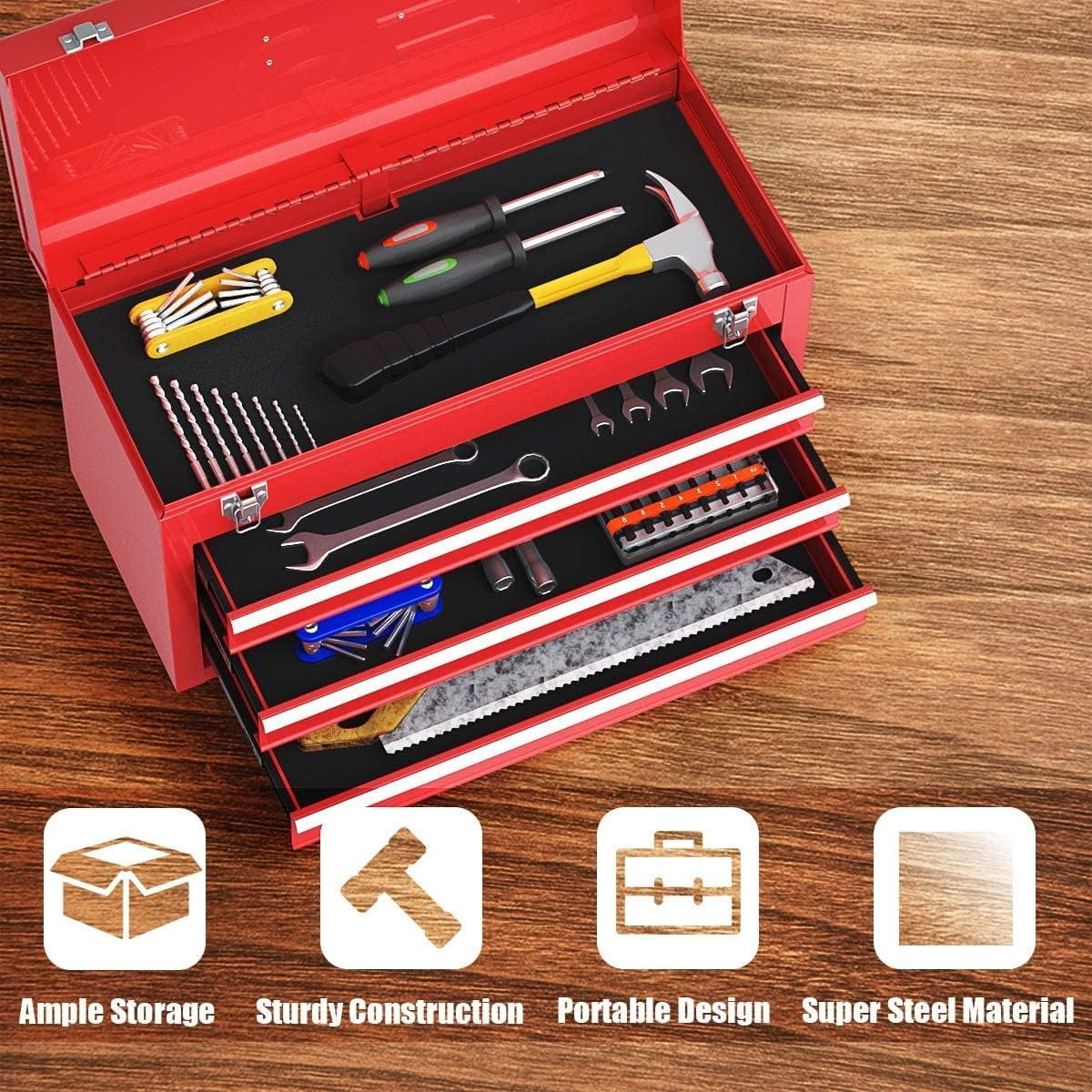 Portable Steel Tool Box with 3 Drawers & Top Tray, Heavy Duty  for Mechanics and Home Use