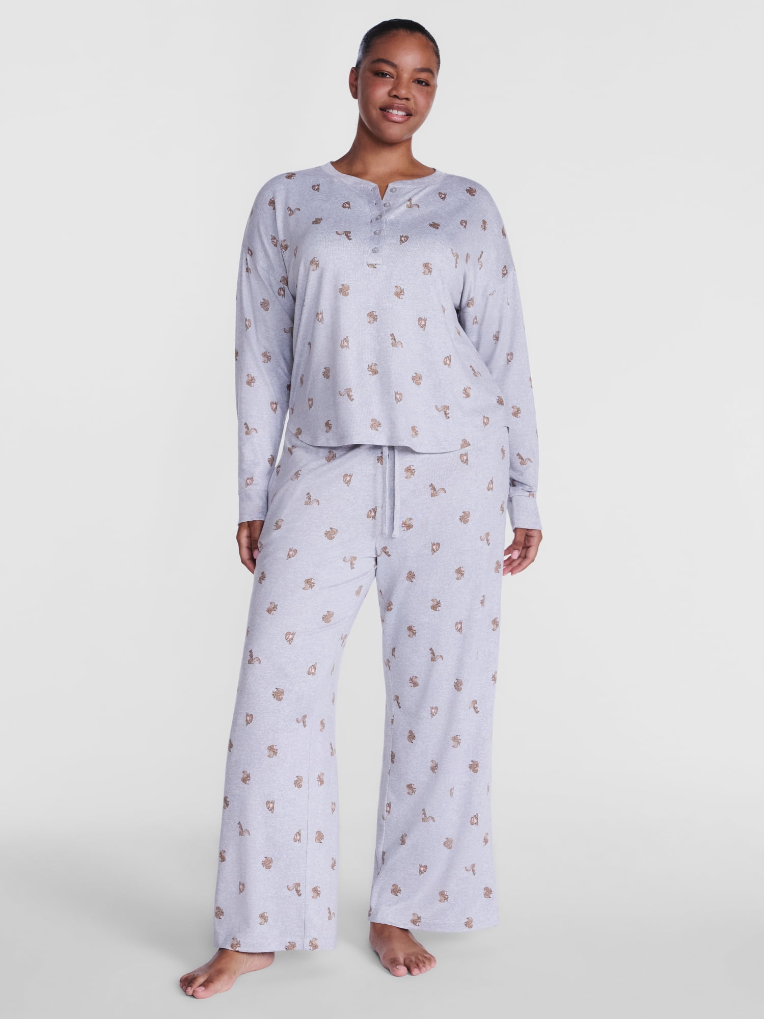 Joyspun Women's Cozy Lounge Collection Hacci Henley Top and Pants, 2-Piece Pajama Set, Sizes XS-3X