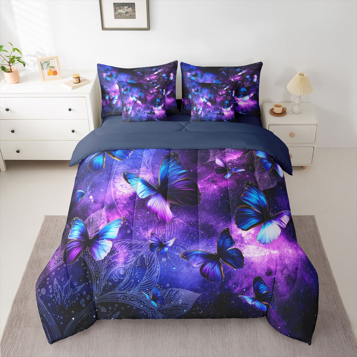 Homewish Gradient Butterflies 7pcs Bedding Comforter Set For Teens Adults,Universe Galaxy Queen Bedding Sets Super Cozy,Exotic Style Queen Sheet Sets,Ultra Soft Home Decor,Reversible