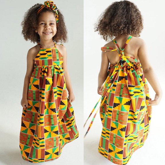 Girls Party Dress Toddler Baby African Print Off Shoulder Hair Band Dress Casual Dress for Girl 18-24 Months