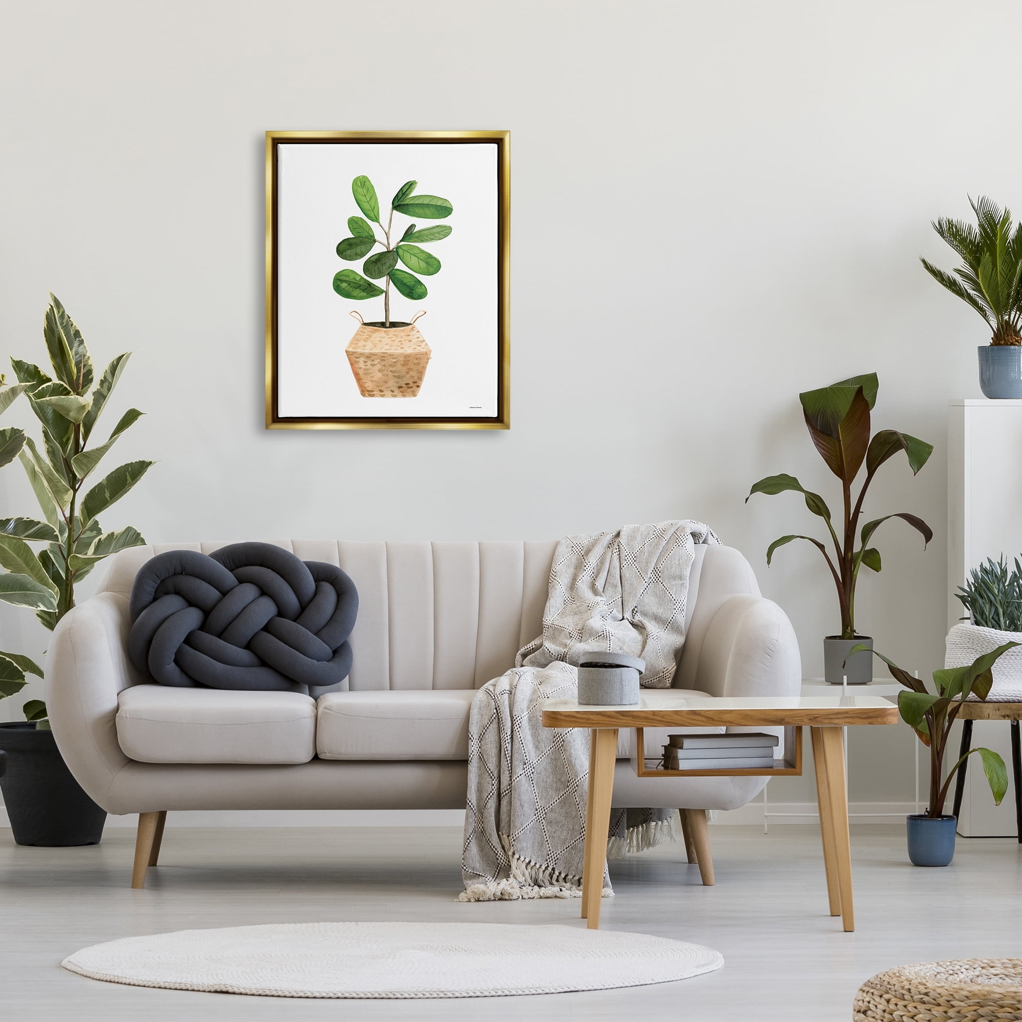Stupell Round Green Leaves Planter Botanical & Floral Painting Gold Floater Framed Art Print Wall Art