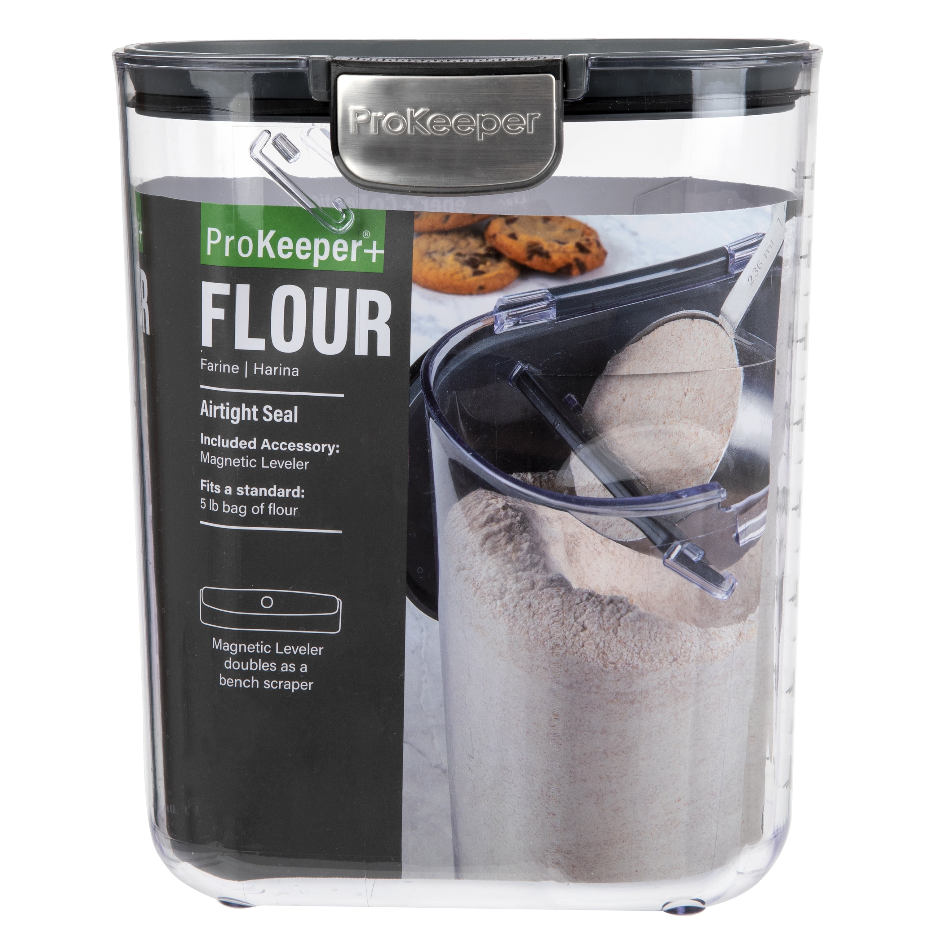 Flour ProKeeper+ Airtight Flour Storage Container with Magnetic Leveler and Stainless-Steel Latch, 5 lb Capacity, Ideal Use for Pantry Organization and Food Storage