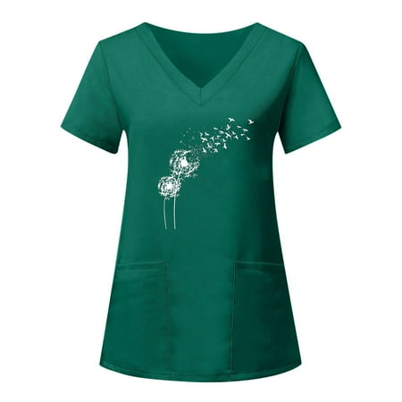 

Independence Day Scrubs For Women Tops White Casual V Neck Print Short Sleeve Shirts With Pocket Nursing Uniforms For Women