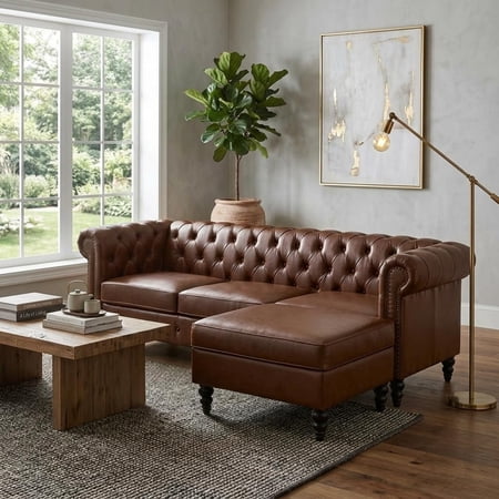 YWEN 85 Modern L-Shaped Sectional Sofa with Storage Ottoman 4-Seater Modular PU Leather Couch with Tufted Back Rivet-Decorated Curved Armrests and Solid Birch Wood Legs for Living Room,Brown