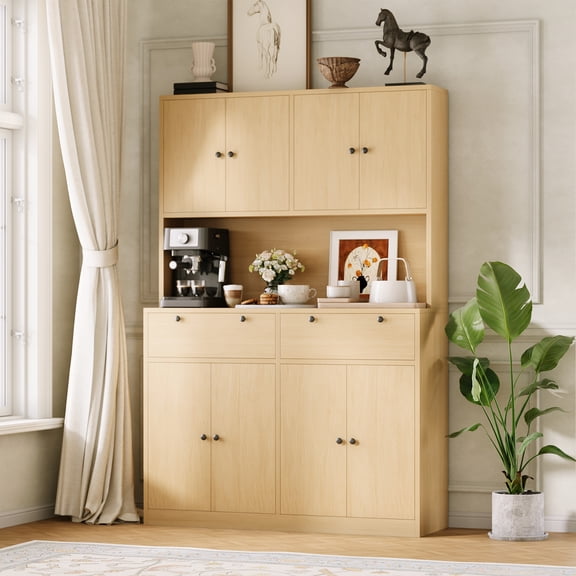 Kicctian Modern Tall Kitchen Pantry Cabinet with Charging Station, 71" Height White Finish, Drawers, Doors, Shelves and Countertop, Dining Room Food Storage Hutch,Wood Color