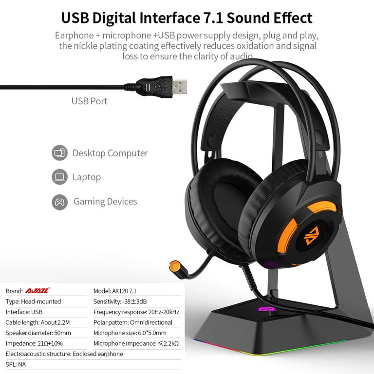 Ajazz AX120 Gaming Headset 7.1 Channel Stereo Noise Cancelling Over Ear Headphones with Mic Bass Surround Soft Memory Earmuffs 50mm Drivers