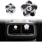 4pcs Car Air Vent Clip, Black and White Camellia Flower Car Accessories for Women Interior Crystal Car Air Freshener Decorations with Cotton Pad, Bling Diamond Clip, Interior Car Decos Gift