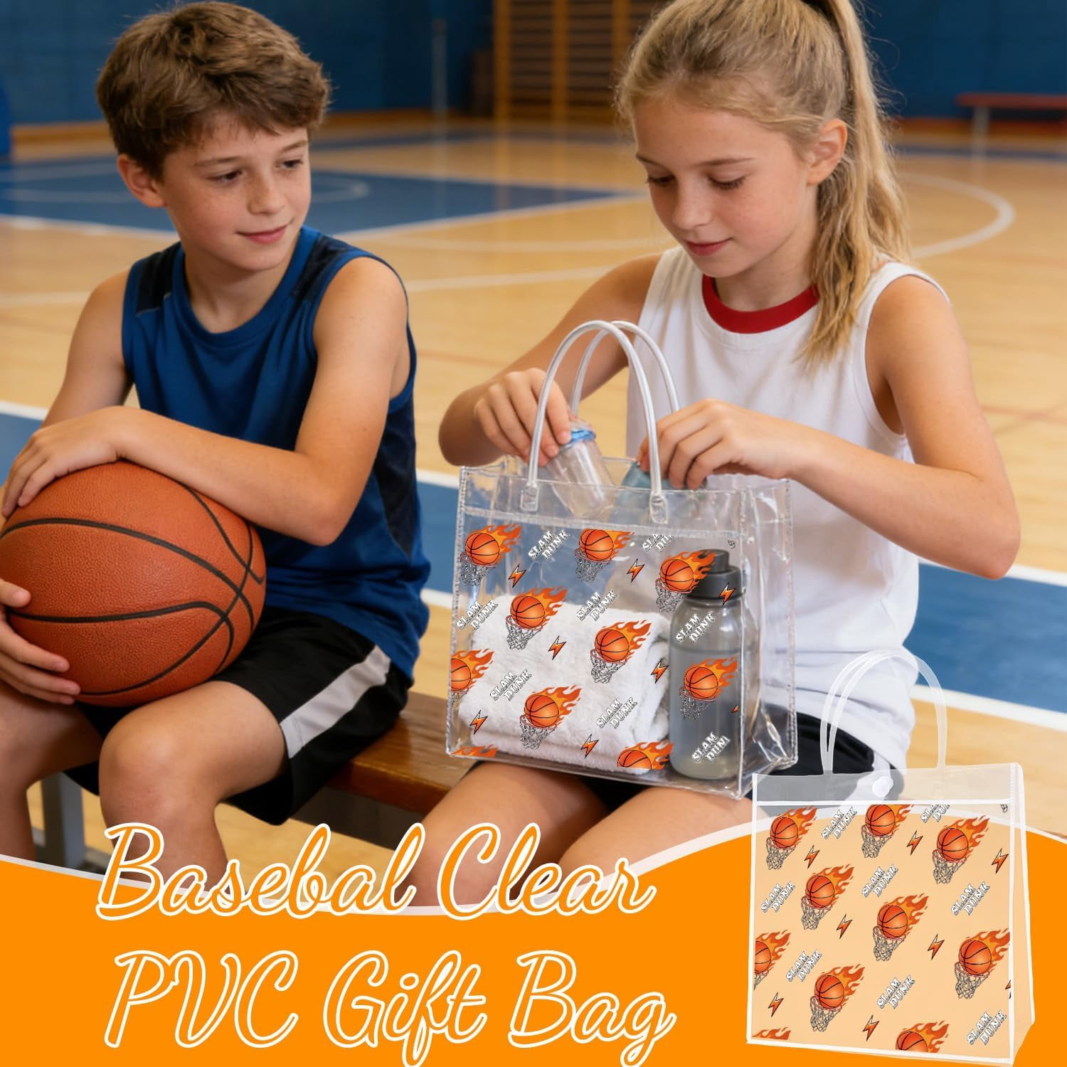 Basketball Clear Gift Bags - 20Pcs March Basketball Madness Clear PVC Goodie Candy Treat Bags with Handle Sport Themed Handbag for Indoor Outdoor Team Game Sports Theme Activities Supplies