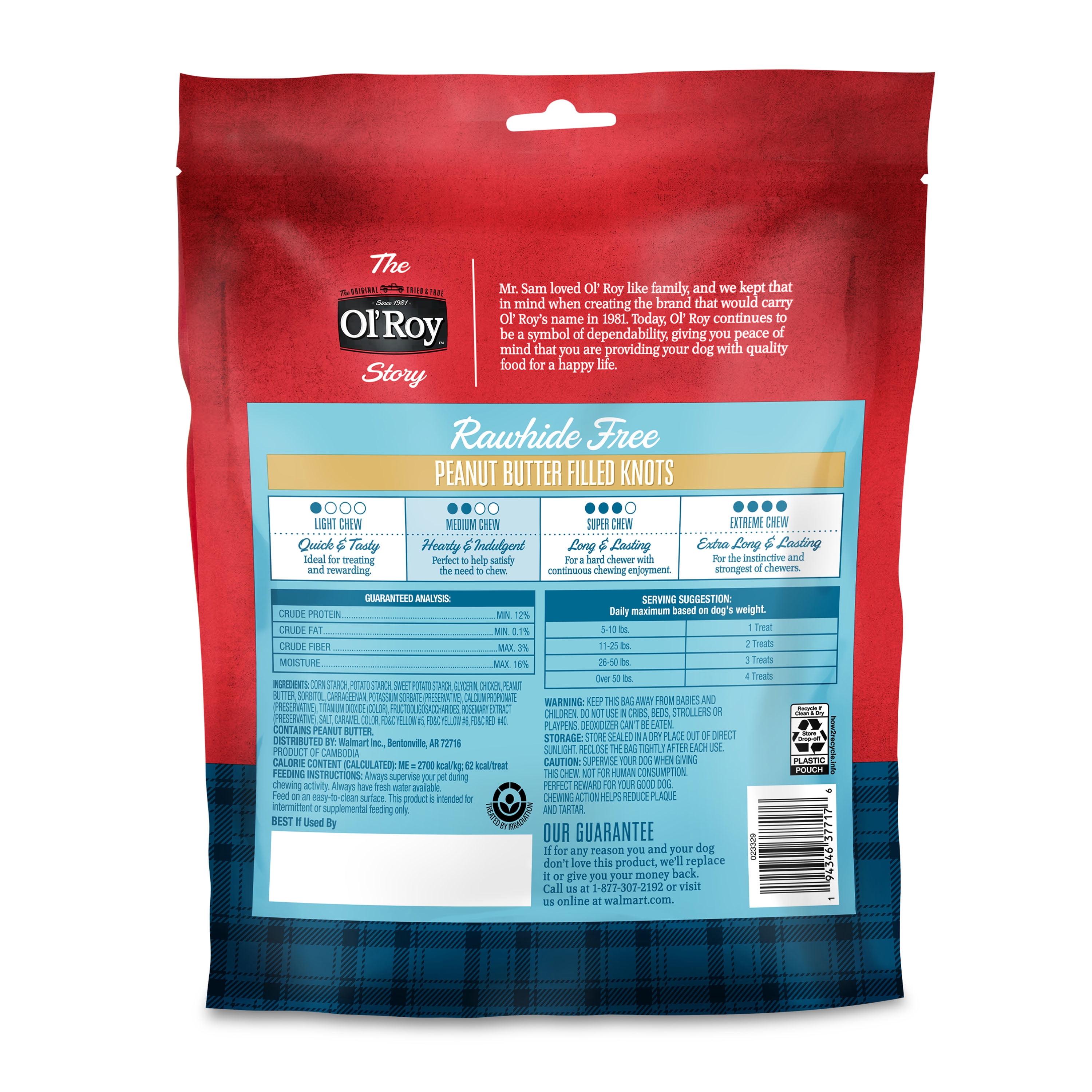 (4 pack) Ol' Roy Rawhide Free Peanut Butter Filled Knots, 22.5 oz Bag, 28 Count
