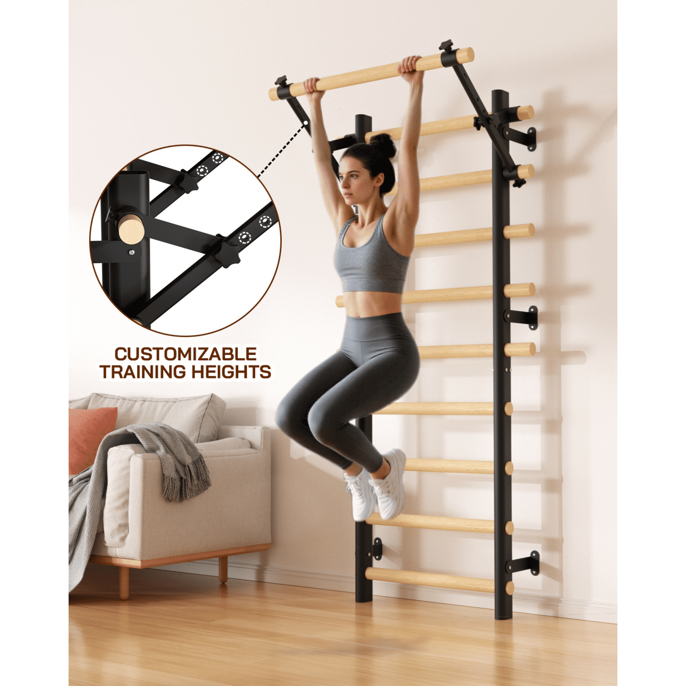 Cofiyard Swedish Ladder Wall Gym, Wooden Wall-Mounted Stall Bars with Pull-up Bar & Exercise Straps, Stretching Ladder Full Body Home Gym for Adults
