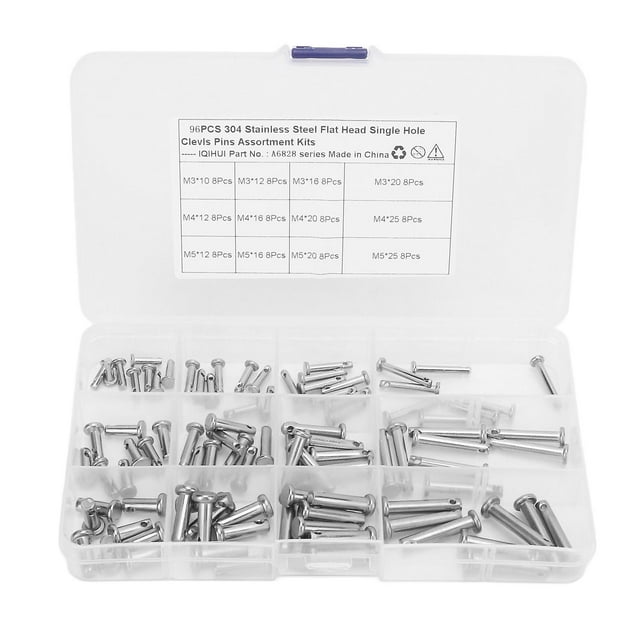 96 Pcs Stainless Steel Clevis Pins Assortment, 12 Sizes, Single Hole, Flat Head, T Shape, for Car